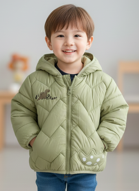 2 Boys/Girls Winter Wear Dinosaur Hooded Puffer Jacket Ultra Soft & Warm Light Green Color_kidzysmile
