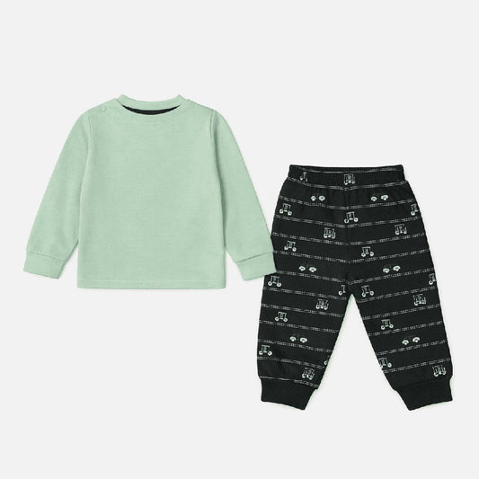 Boys Full Sleeve Printed & Patch Work Casual T-Shirt with Track Pants – Olive Green | Stylish & Comfortable Kids Wear