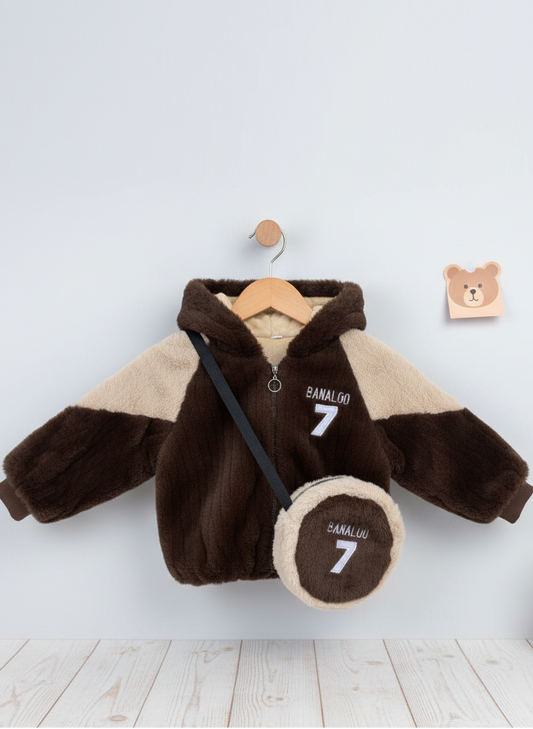 Boys/Girls Winter Fur Hooded Jacket with Cute Bear Ears & Matching Fur Sling Bag – Super Soft & Warm Premium Kids Wear