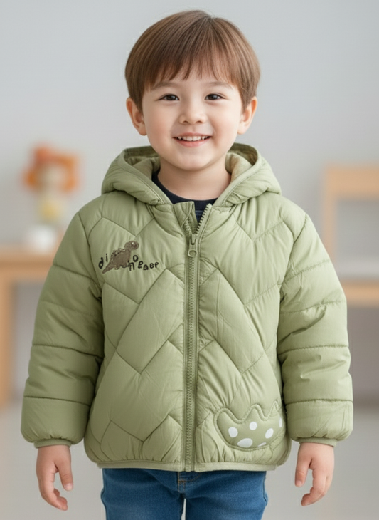 Boys/Girls Winter Wear Dinosaur Hooded Puffer Jacket – Ultra Soft & Warm Light Green