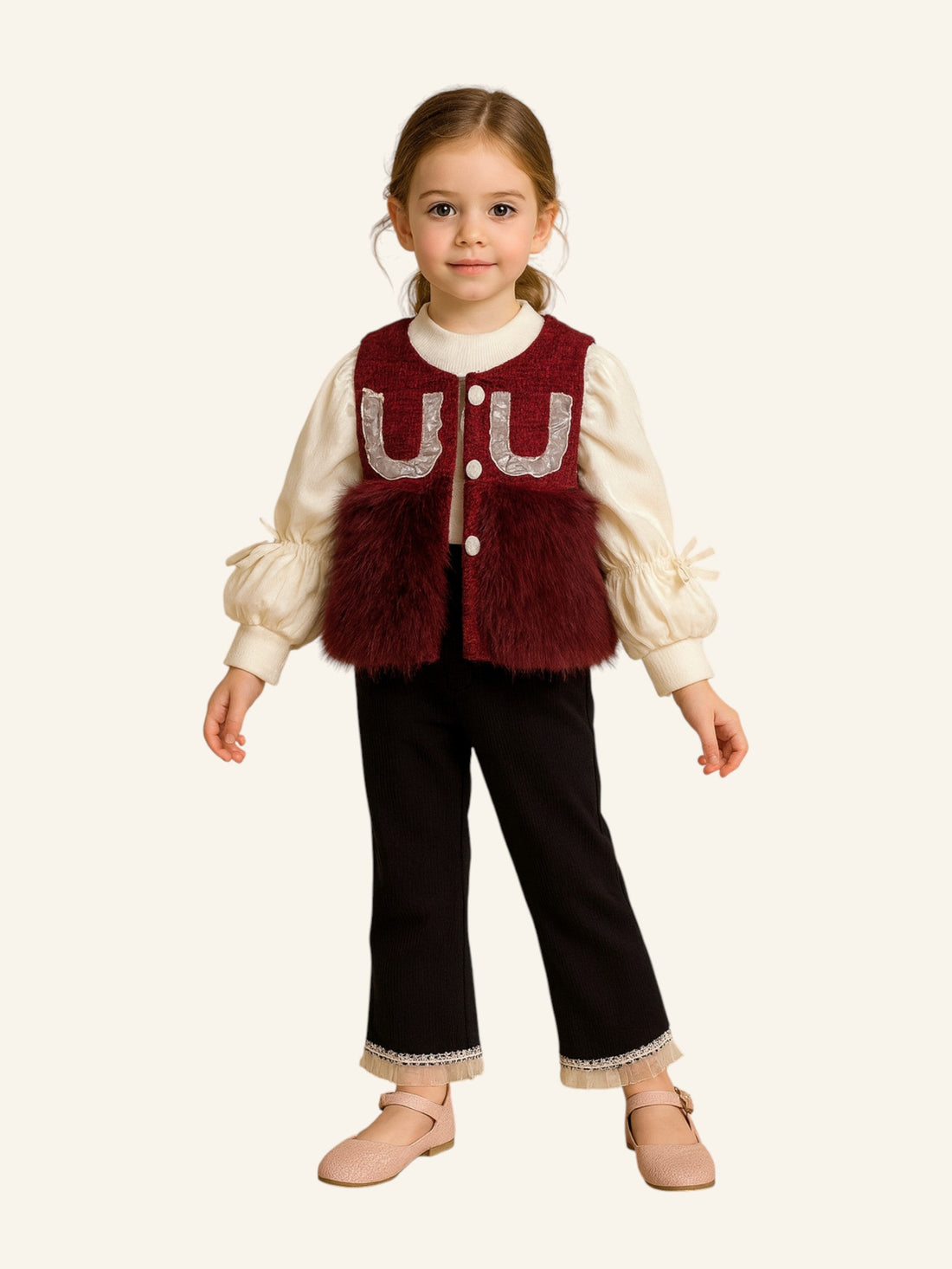 Designer Baby Girls Winter Wear Tweed Vest (Jacket) with Luxury Fur Stylish Lace Top and Leggings 3-Piece Set