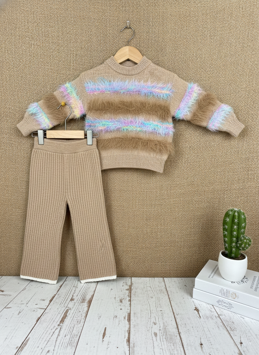 1 Girls Winter Wear Knitted Set Rainbow Fuzzy Fringe Sweater & Trousers_kidzysmile
