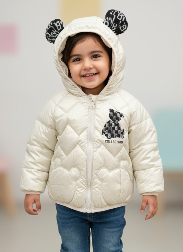 2 Boys/Girls Winter Wear Bear Hooded Puffer Jacket Ultra Soft & Warm Silver Color_kidzysmile