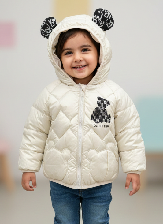 2 Boys/Girls Winter Wear Bear Hooded Puffer Jacket Ultra Soft & Warm Silver Color_kidzysmile