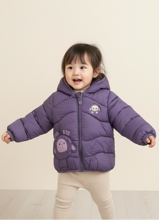 2 Boys/Girls Winter Wear Doll Print Hooded Puffer Jacket  Ultra Soft & Warm Purple Color_kidzysmile