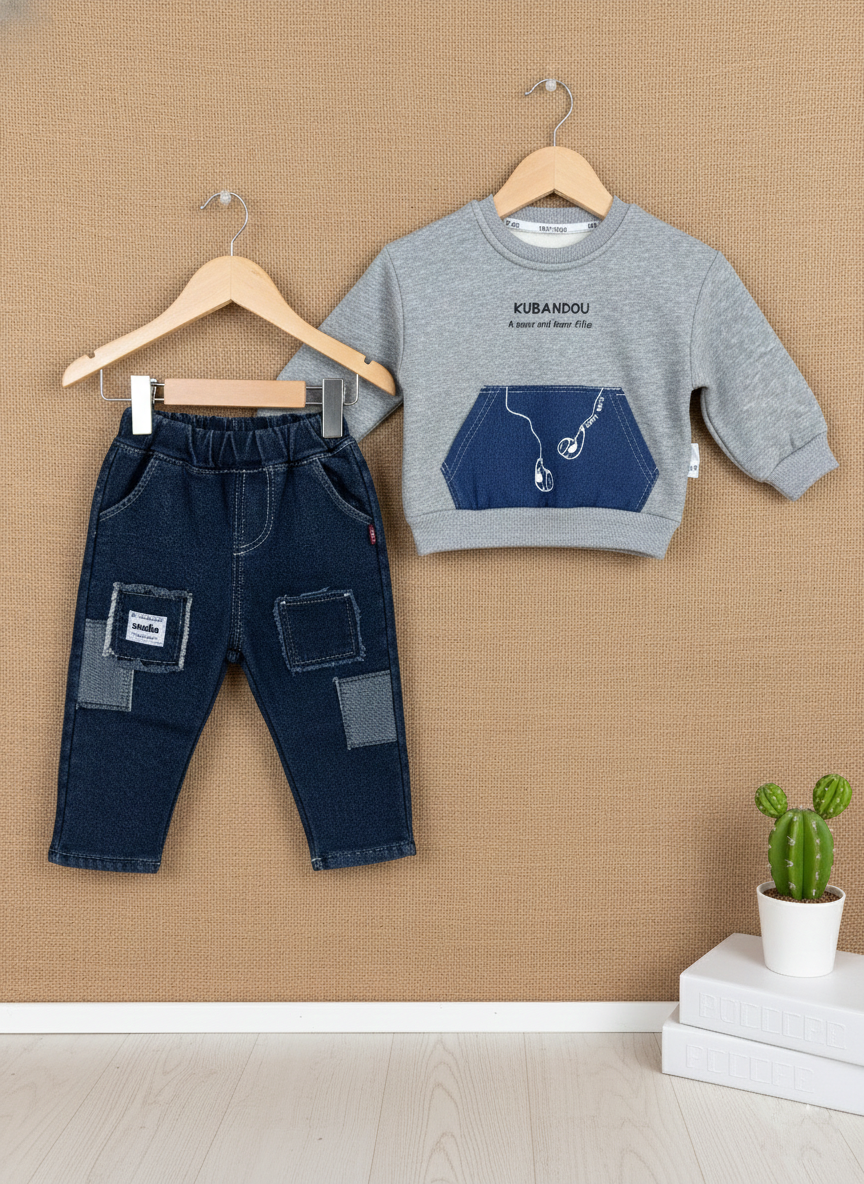 2 Boys Grey Sweatshirt & Dark Wash Denim Patchwork Jeans Set Stylish Kids Outfit_kidzysmile