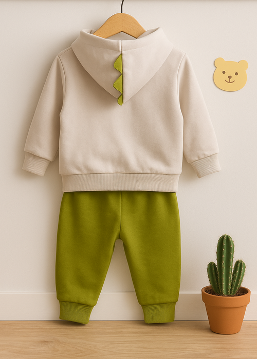 Boys Hooded Sweatshirt With Joggers  – Cream & Green Color