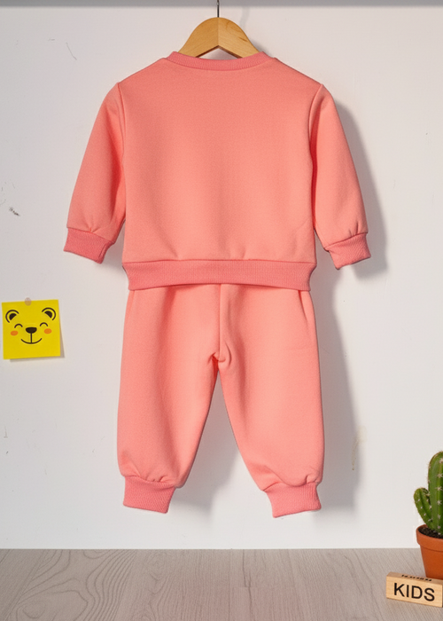 Full Sleeves Light Winter Cat Embroidery Sweatshirt With Joggers Set – Pink Color