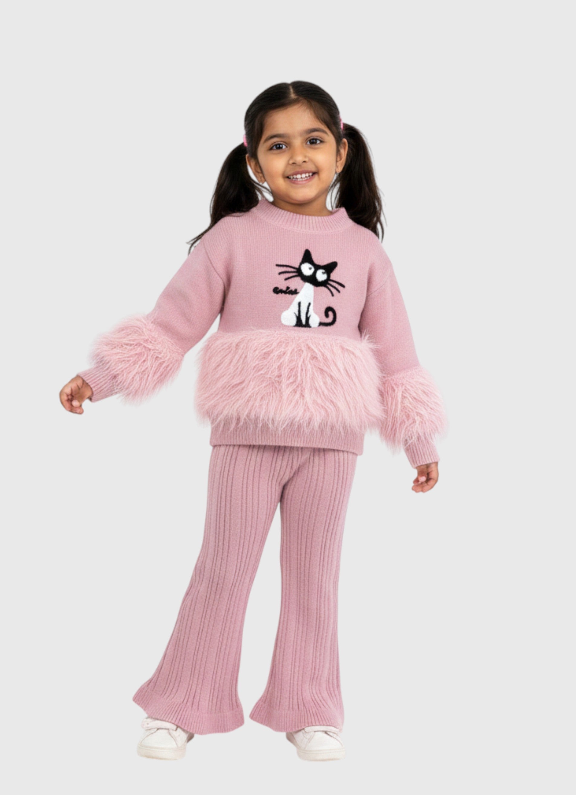 Girls Pink Knitted Sweater & Bell Bottom Set Fur Detail & Kitty Patch_kidzysmile
