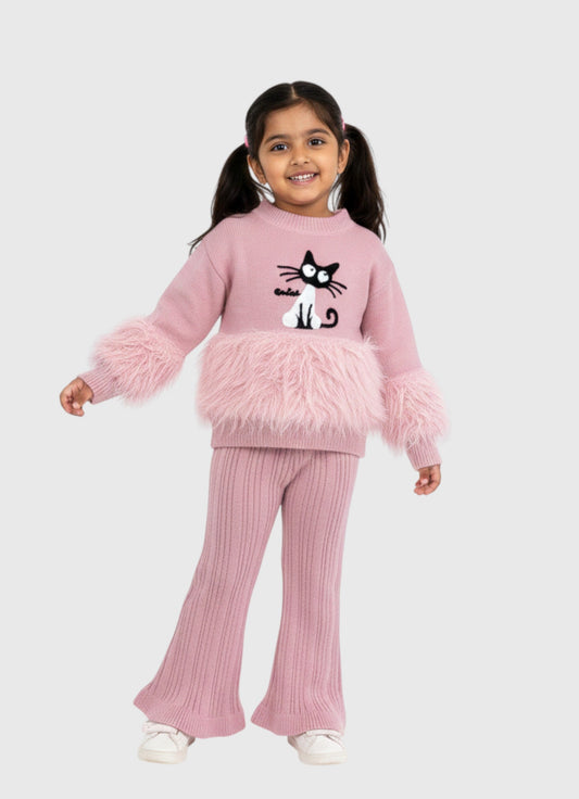 Girls Pink Knitted Sweater & Bell Bottom Set Fur Detail & Kitty Patch_kidzysmile