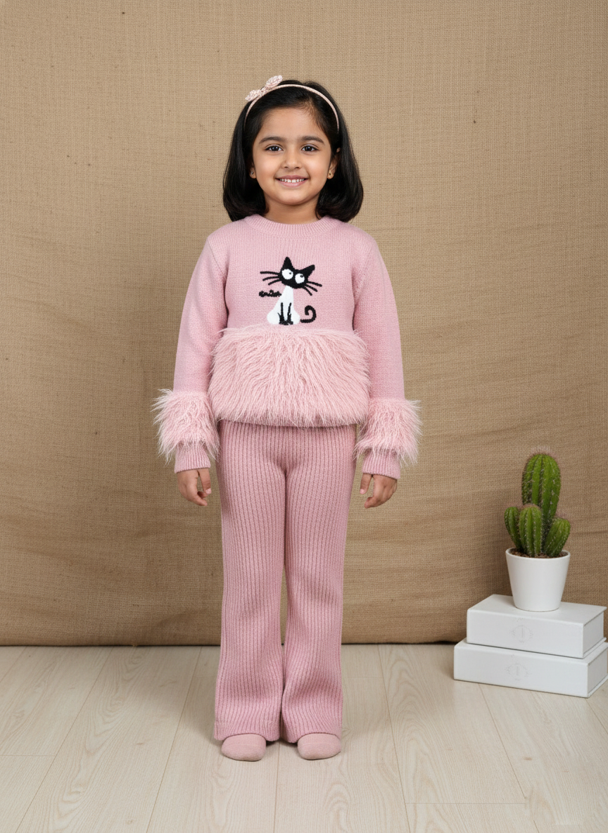 2 Girls Pink Knitted Sweater & Bell Bottom Set Fur Detail & Kitty Patch_kidzysmile