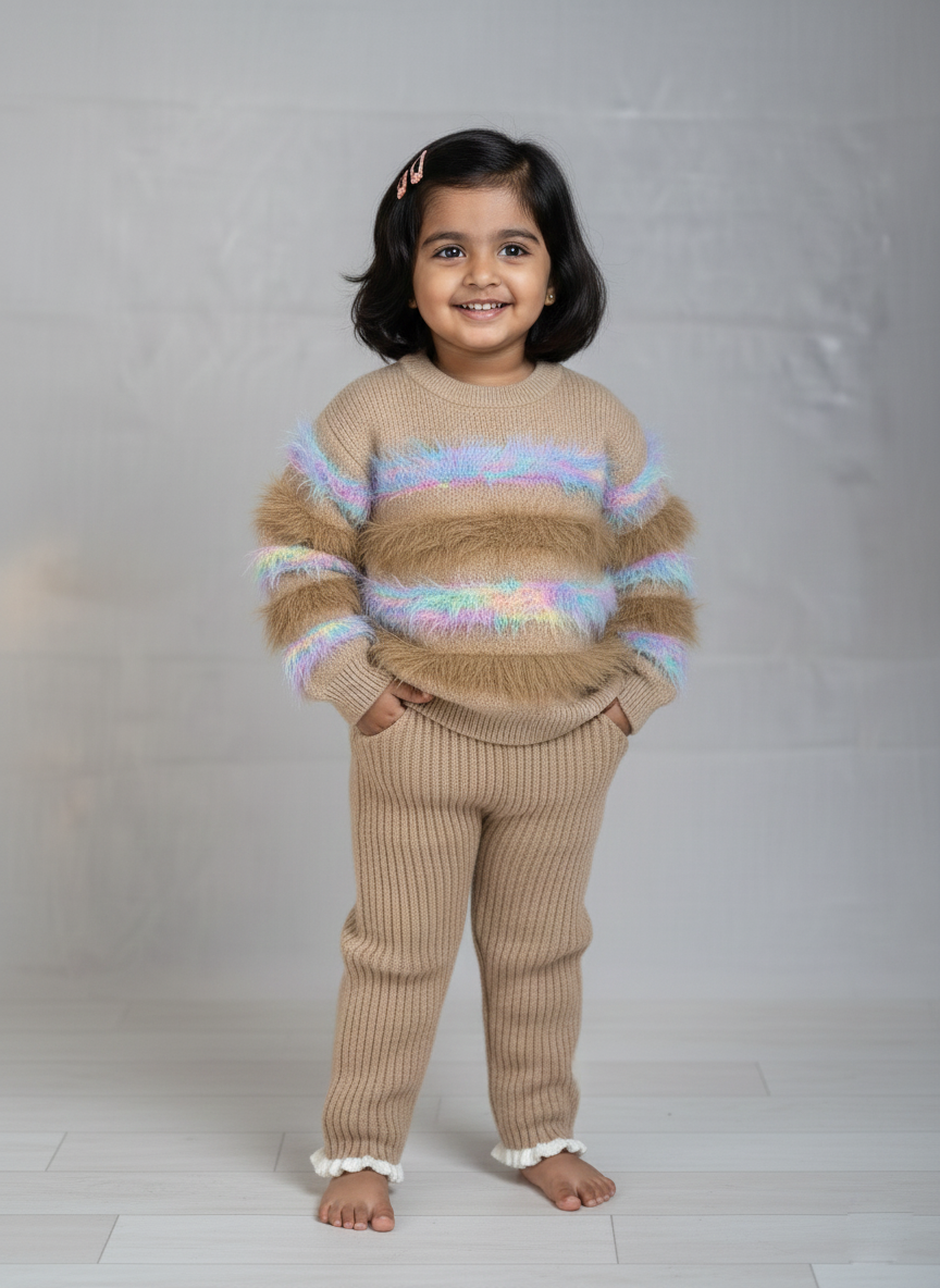 2 Girls Winter Wear Knitted Set Rainbow Fuzzy Fringe Sweater & Trousers_kidzysmile