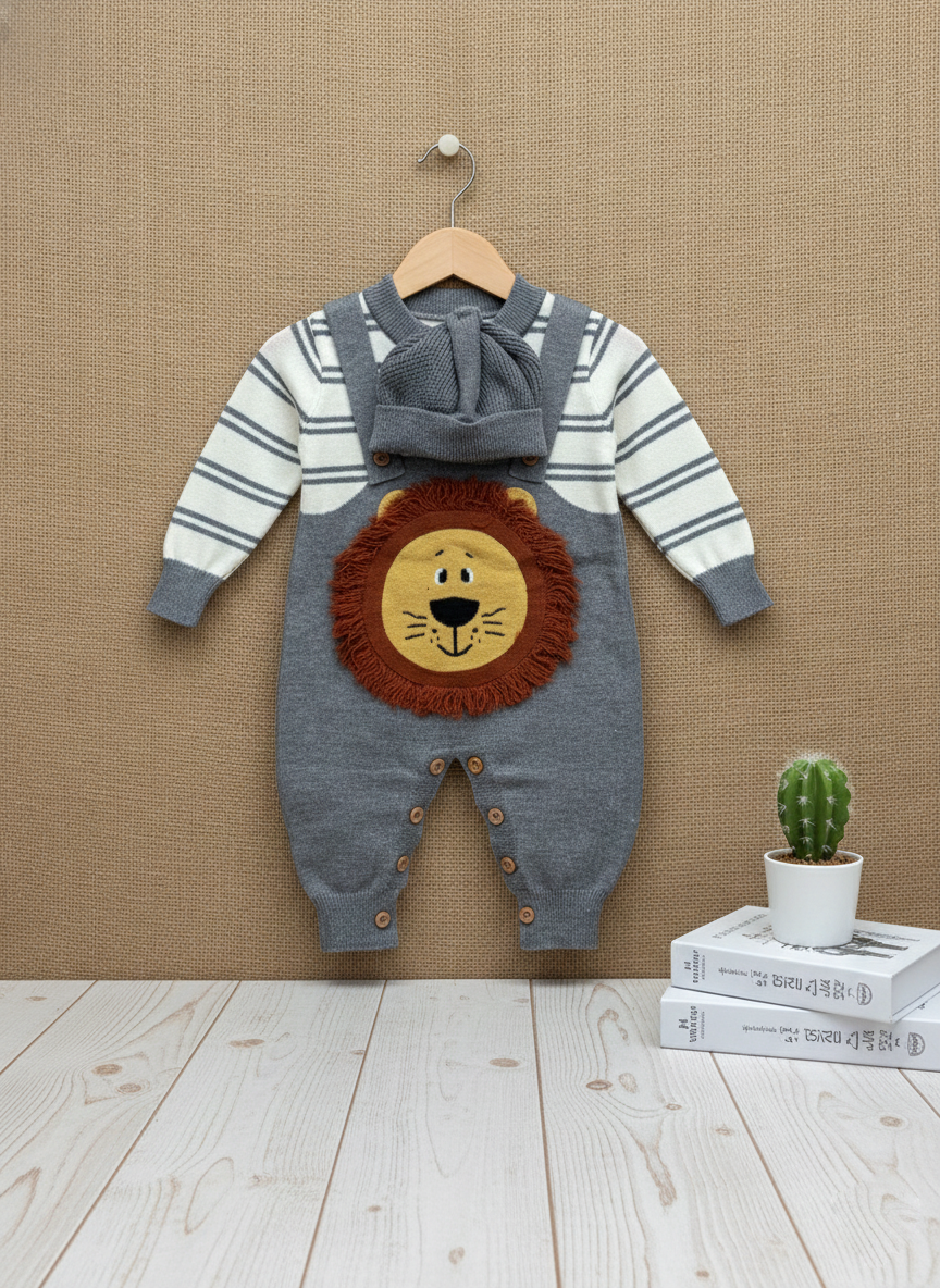 2 Lovely Lion Embroidery Knitted Baby Romper/Jumpsuit with Cap Set Soft Warm Winter Wear_kidzysmile