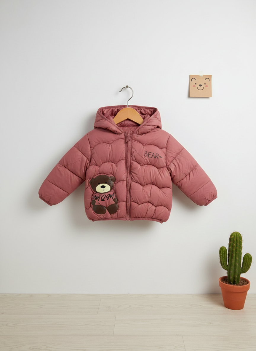 3 Boys/Girls Winter Wear Bear Hooded Puffer Jacket Ultra Soft & Warm Pink Color_kidzysmile