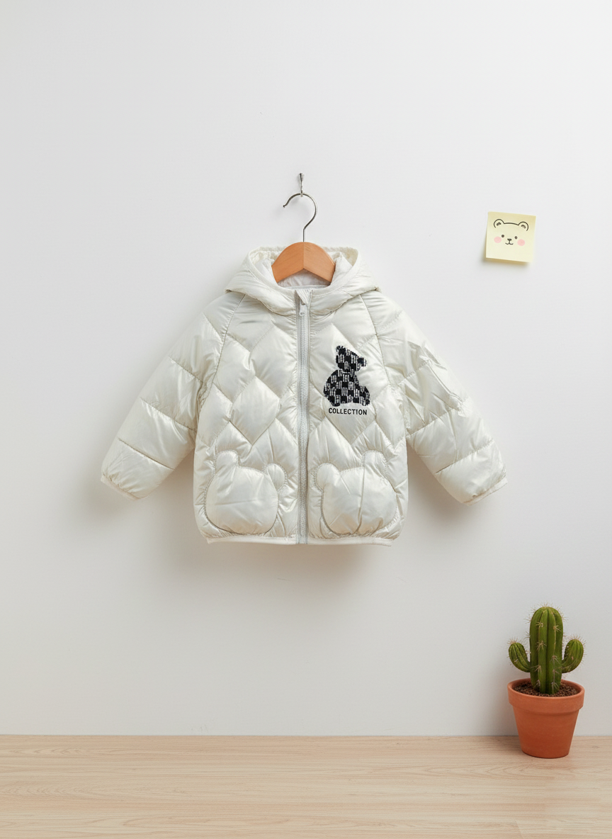 3 Boys/Girls Winter Wear Bear Hooded Puffer Jacket Ultra Soft & Warm Silver Color_kidzysmile