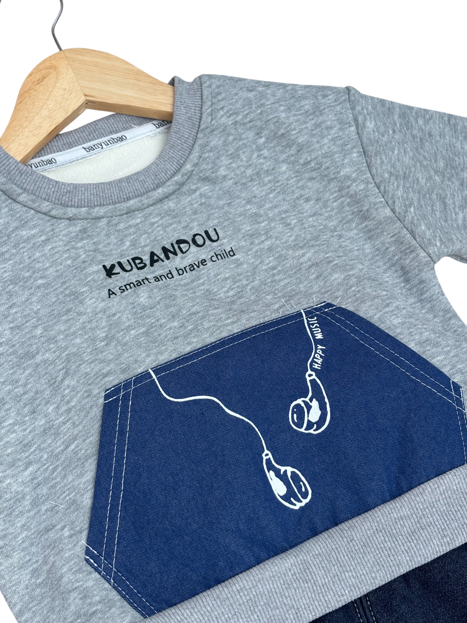 3 Boys Grey Sweatshirt & Dark Wash Denim Patchwork Jeans Set Stylish Kids Outfit_kidzysmile