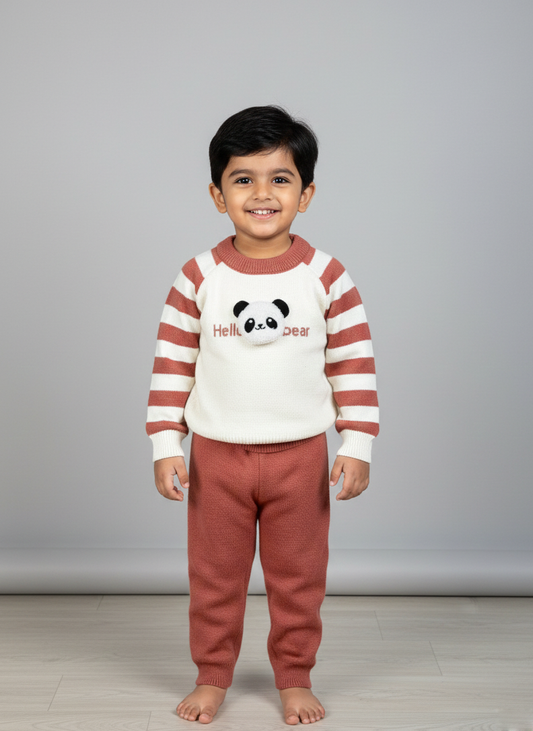3 Cute Panda Applique Baby Winter Sweater & Pyjama Set  Knitted Woolen Dress for Newborns & Toddlers_kidzysmile