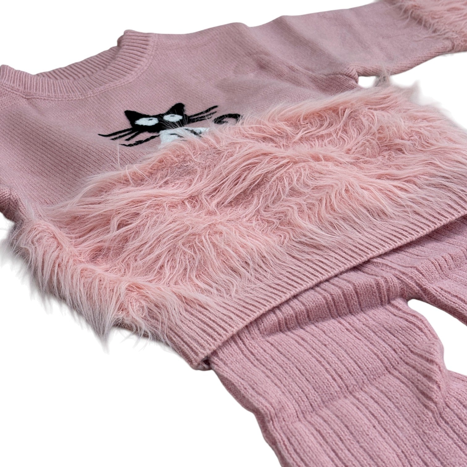 3 Girls Pink Knitted Sweater & Bell Bottom Set Fur Detail & Kitty Patch_kidzysmile