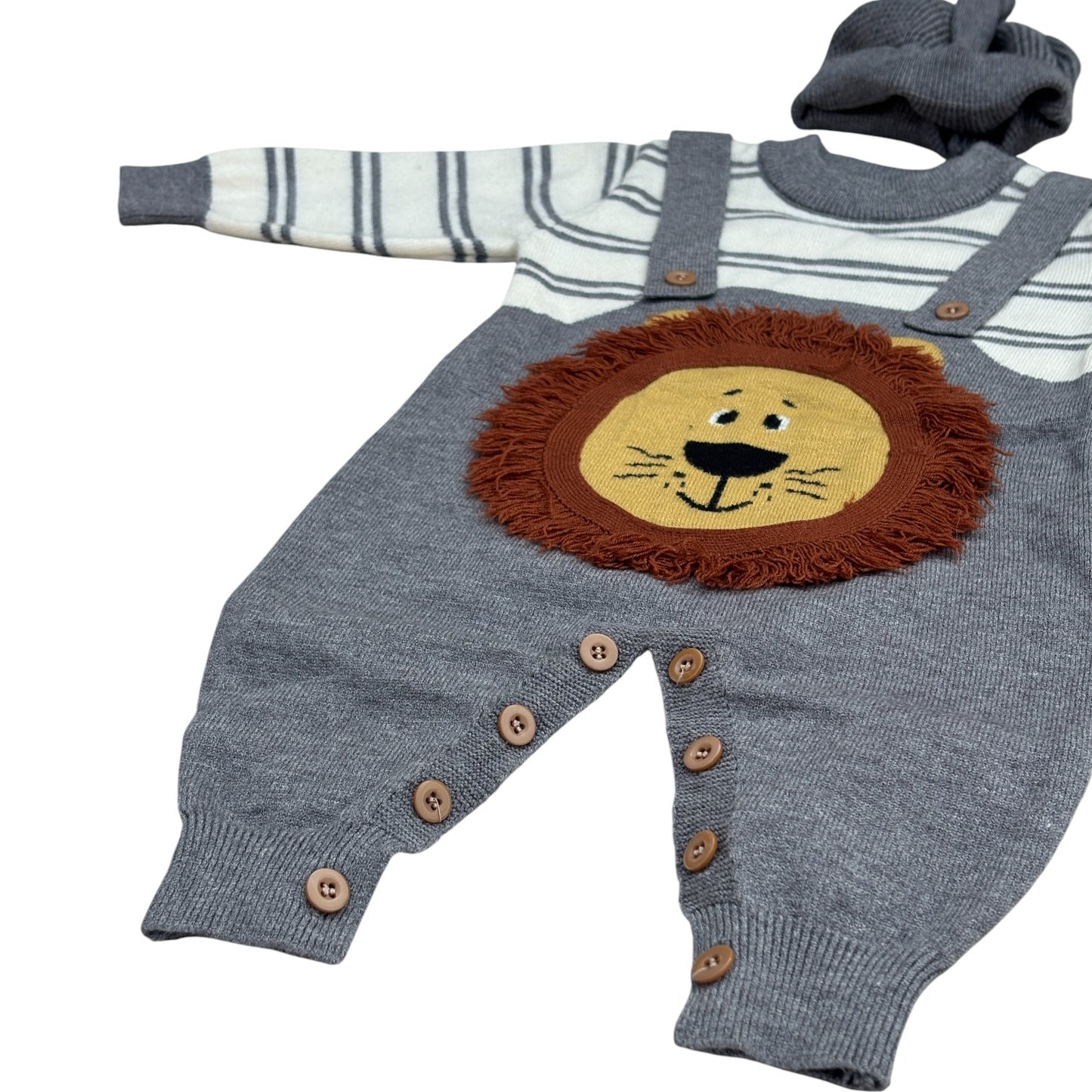 3 Lovely Lion Embroidery Knitted Baby Romper/Jumpsuit with Cap Set Soft Warm Winter Wear_kidzysmile