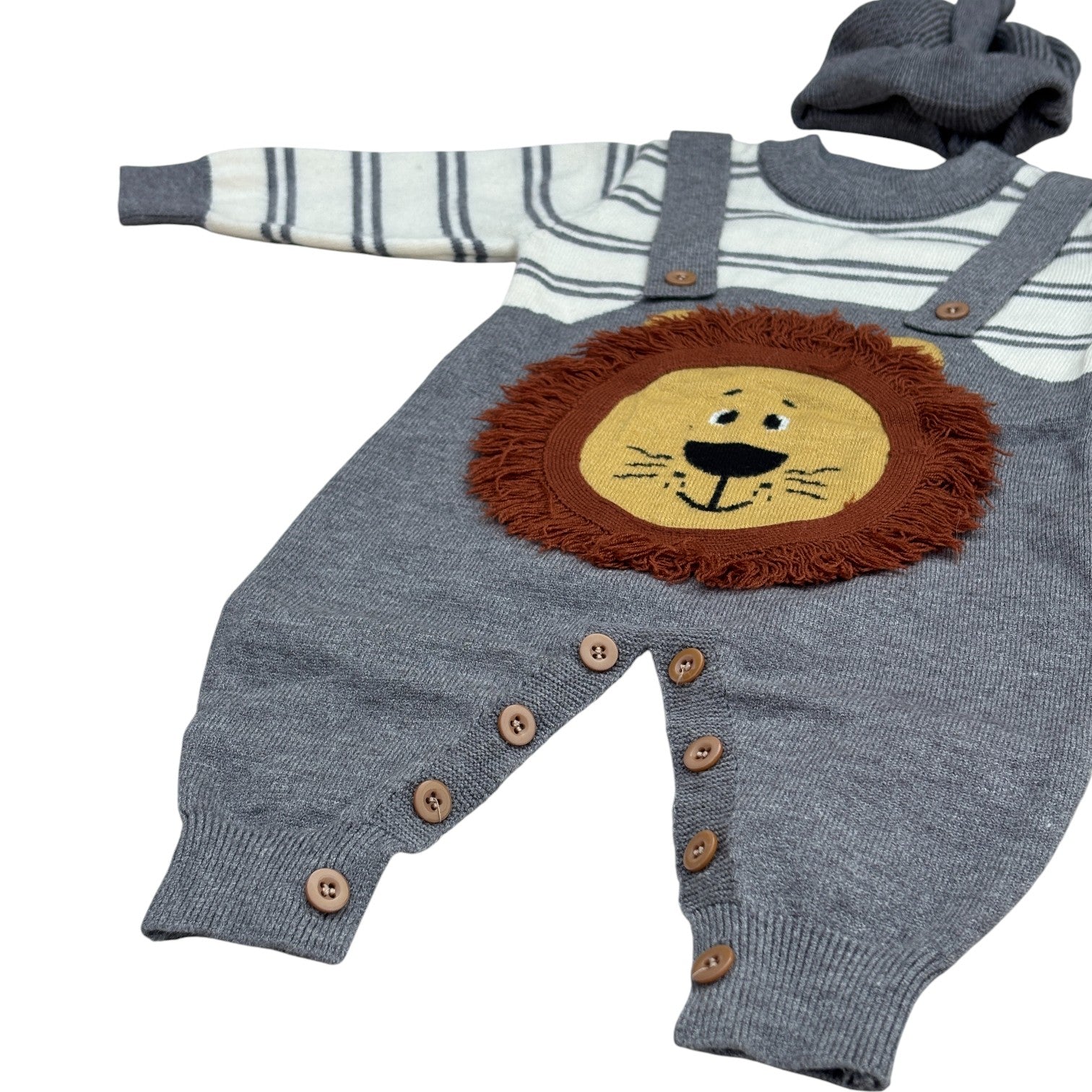 3 Lovely Lion Embroidery Knitted Baby Romper/Jumpsuit with Cap Set Soft Warm Winter Wear_kidzysmile