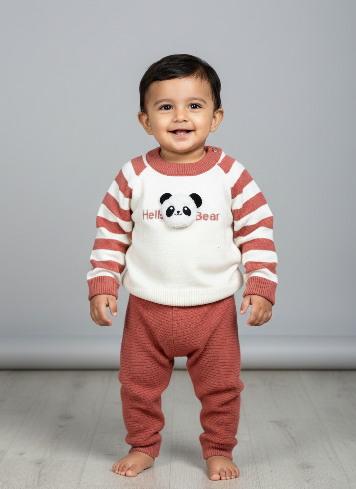 5 Cute Panda Applique Baby Winter Sweater & Pyjama Set  Knitte  Woolen Dress for Newborns & Toddlers_kidzysmile