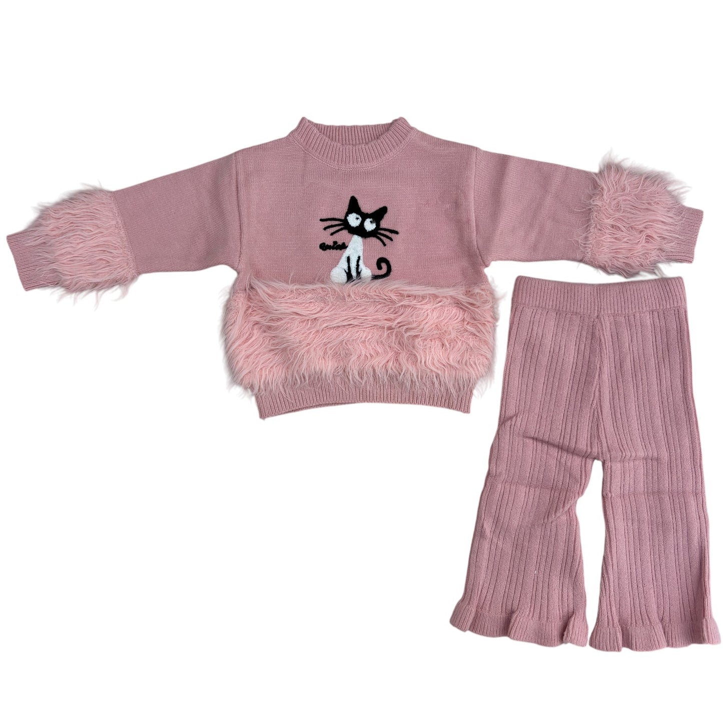 5 Girls Pink Knitted Sweater & Bell Bottom Set Fur Detail & Kitty Patch_kidzysmile