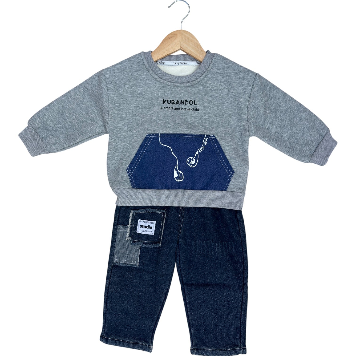 6 Boys Grey Sweatshirt & Dark Wash Denim Patchwork Jeans Set Stylish Kids Outfit_kidzysmile