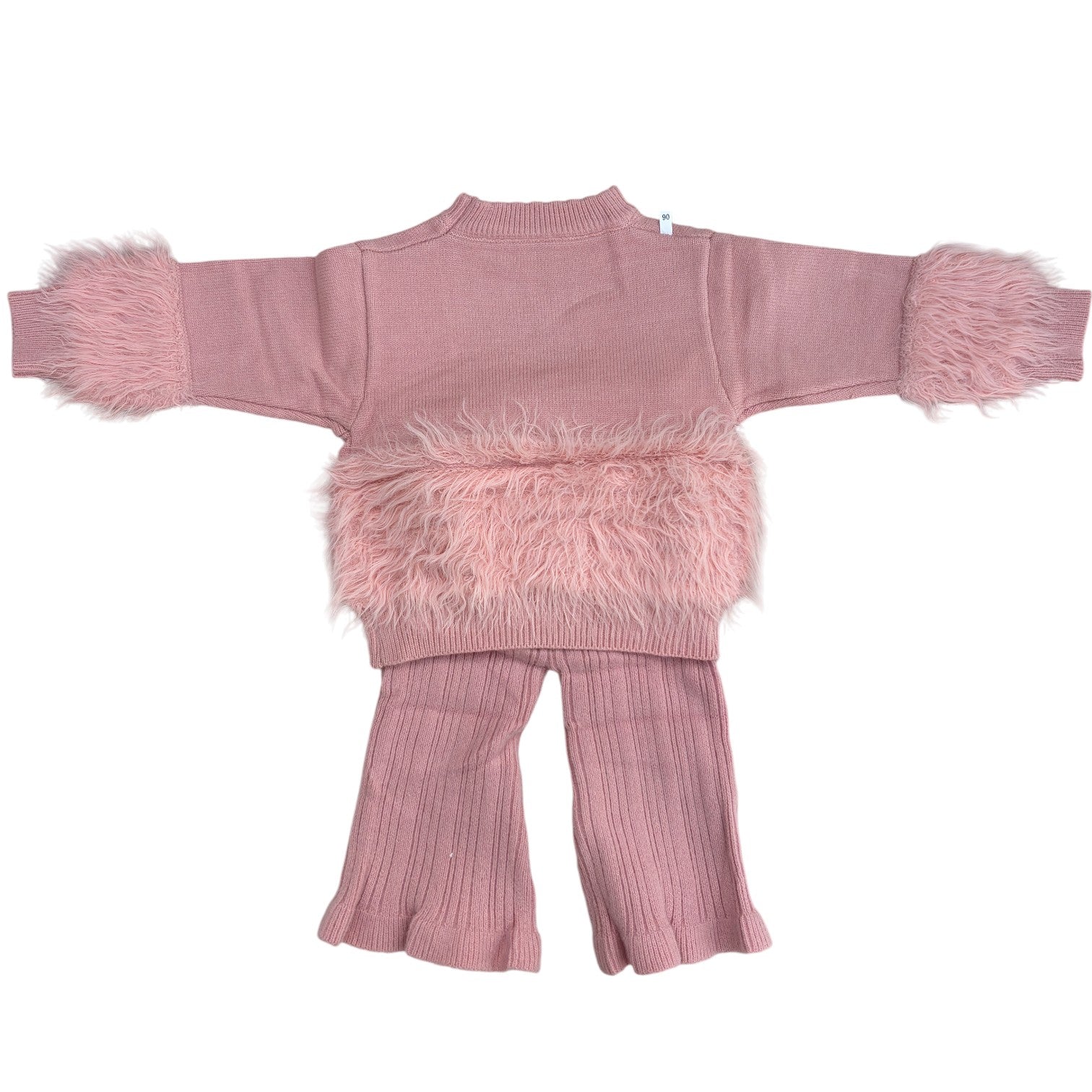 6 Girls Pink Knitted Sweater & Bell Bottom Set Fur Detail & Kitty Patch_kidzysmile
