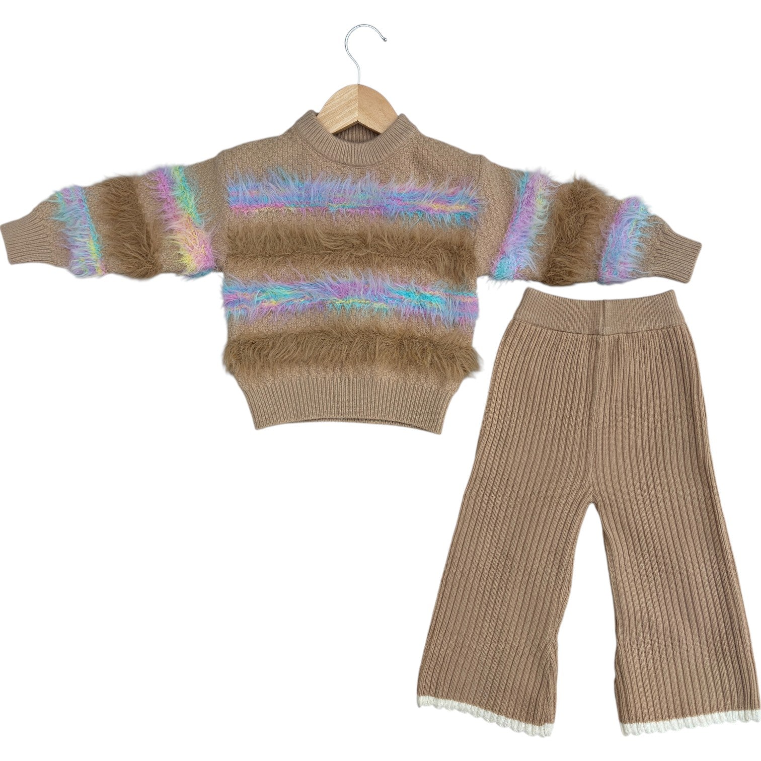 6 Girls Winter Wear Knitted Set Rainbow Fuzzy Fringe Sweater & Trousers_kidzysmile