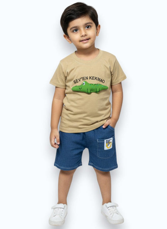 Boys Premium Cotton T-Shirt & Denim Shorts Set with 3D Crocodile Embroidery | Stylish & Comfortable Kids Outfit