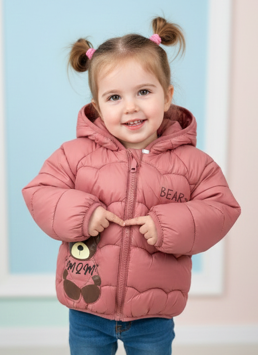 Boys/Girls Winter Wear Bear Hooded Puffer Jacket Ultra Soft & Warm Pink Color_kidzysmile