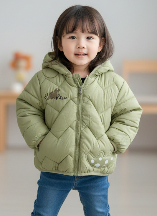 Boys/Girls Winter Wear Dinosaur Hooded Puffer Jacket Ultra Soft & Warm Light Green Color_kidzysmile