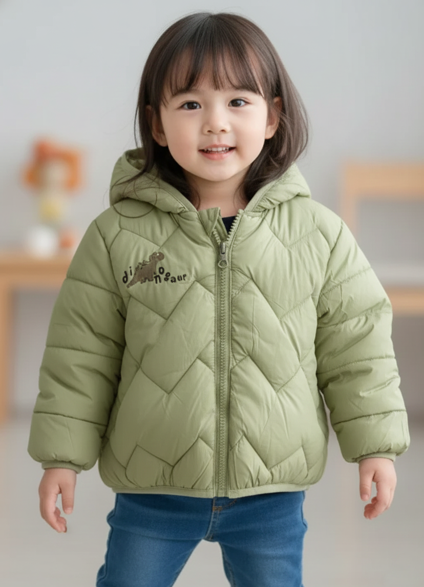 Boys/Girls Winter Wear Dinosaur Hooded Puffer Jacket Ultra Soft & Warm Light Green Color_kidzysmile_3