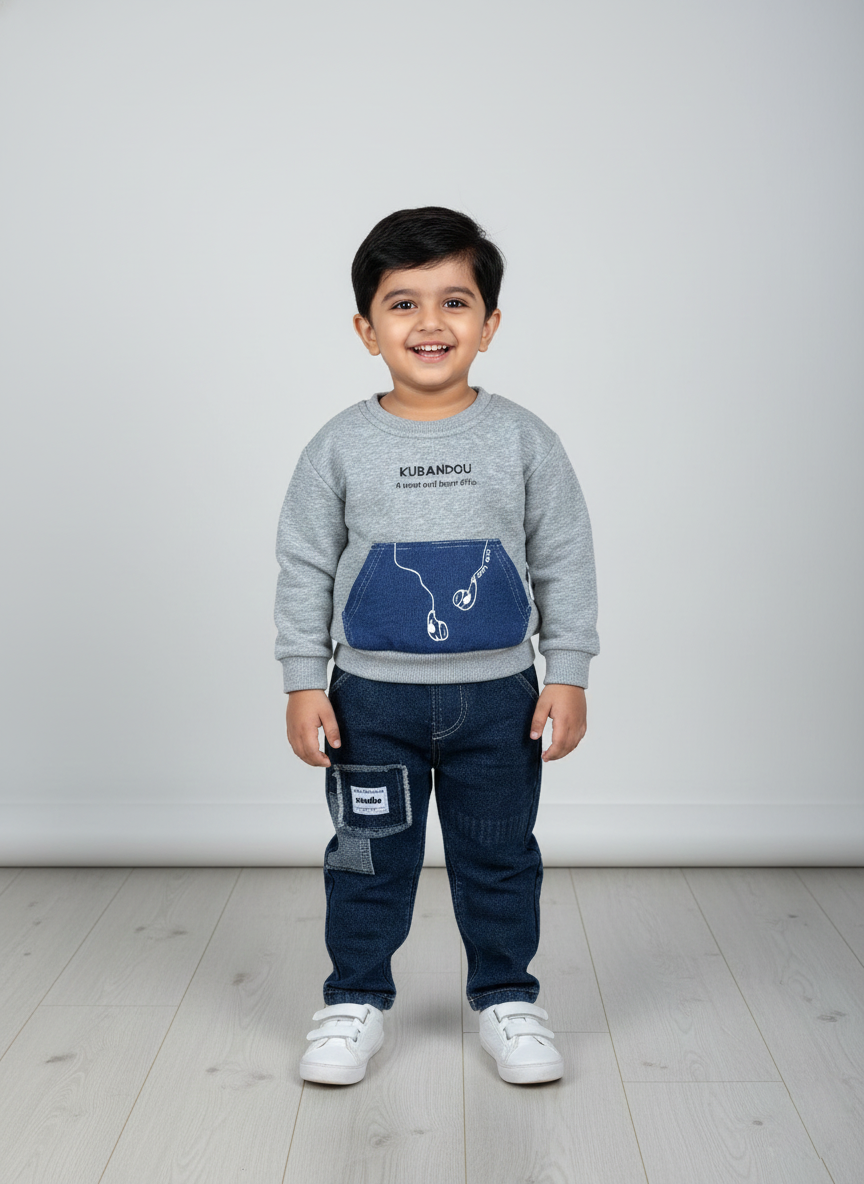 Boys Grey Sweatshirt & Dark Wash Denim Patchwork Jeans Set Stylish Kids Outfit_kidzysmile