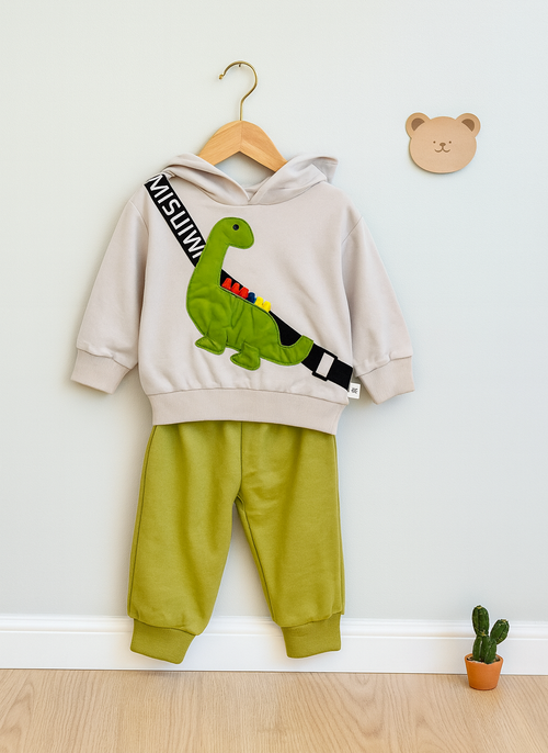 Boys Hooded Sweatshirt With Joggers  – Cream & Green Color