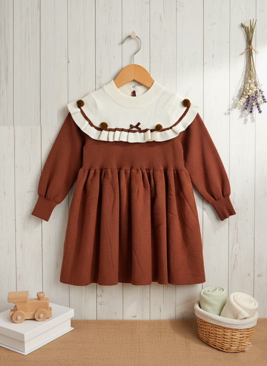 Brown & Cream Color Girl Fall Winter Clothes Corduroy Ruffle Long Sleeve Vintage Princess Dress_kidzysmile