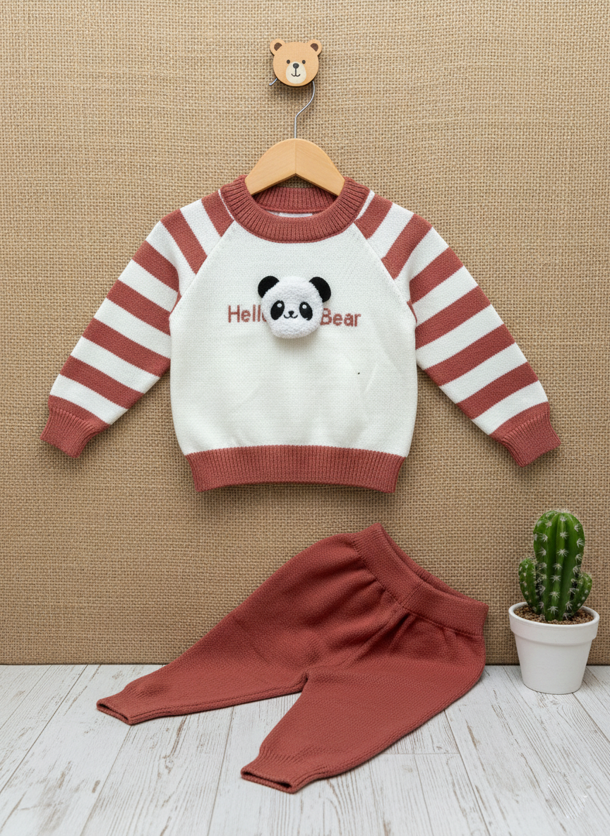 Cute Panda Applique Baby Winter Sweater & Pyjama Set Knitted Woolen Dress for Newborns & Toddlers_kidzysmile