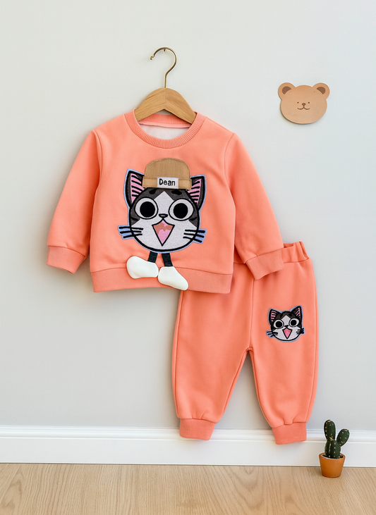 Full Sleeves Light Winter Cat Embroidery Sweatshirt With Joggers Set Pink Color_kidzysmile