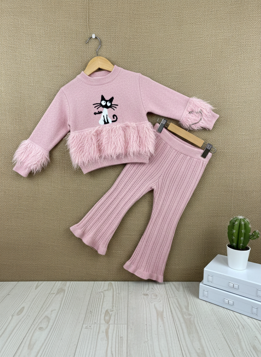 Girls Pink Knitted Sweater & Bell Bottom Set Fur Detail & Kitty Patch_kidzysmile