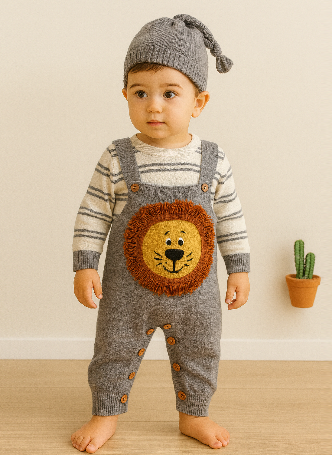 Lovely Lion Embroidery Knitted Baby Romper/Jumpsuit with Cap Set Soft Warm Winter Wear_kidzysmile