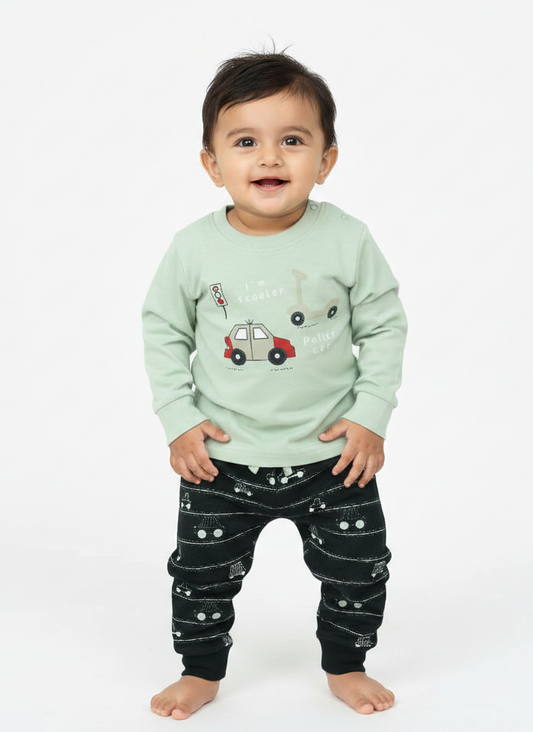 Boys Full Sleeve Printed & Patch Work Casual T-Shirt with Track Pants – Olive Green | Stylish & Comfortable Kids Wear