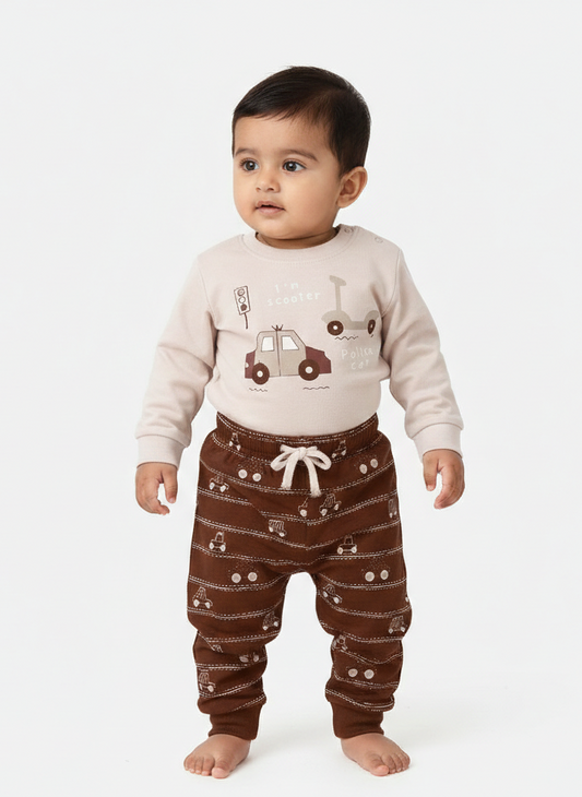 Boys Full Sleeve Printed & Patch Work Casual T-Shirt with Track Pants – Cream | Stylish & Comfortable Kids Wear